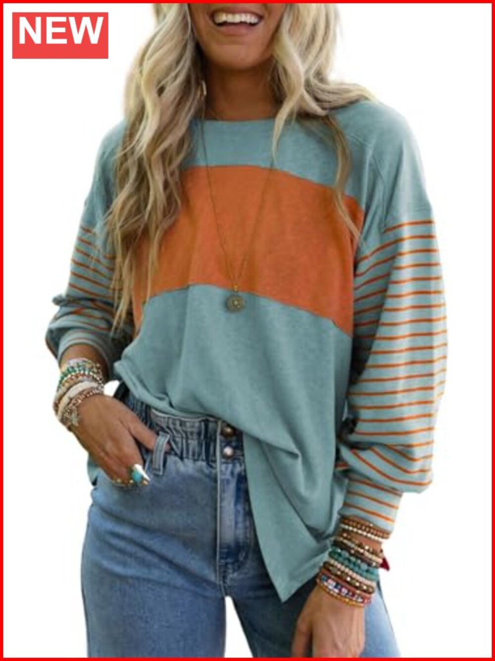 Women's Color Block Long Sleeve Tunic Blouse Stretchy